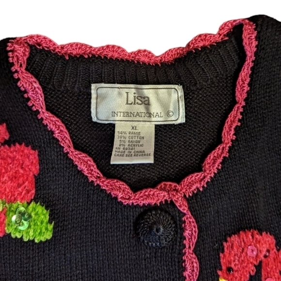 Vtg. Pink flamingos flowers beaded/sequined Black knit short sleeve cardigan XL - Picture 4 of 12